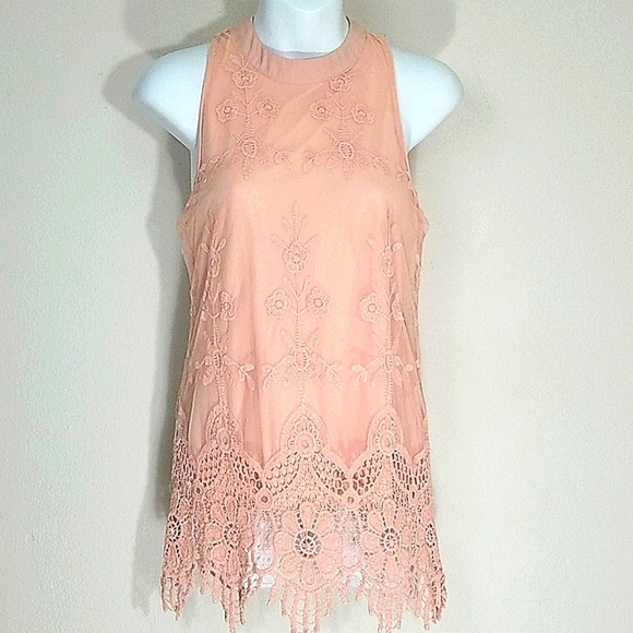 Tunic tank top blush peach Grecian crochet lace embroidery lined longer flowy - Picture 1 of 10